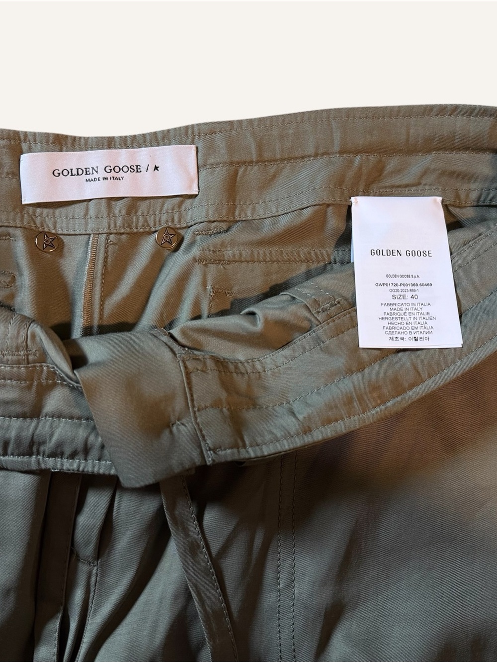 Golden Goose Olive Green Wide Leg Drawstring Cargo Trouser Pants - Picture 2 of 7